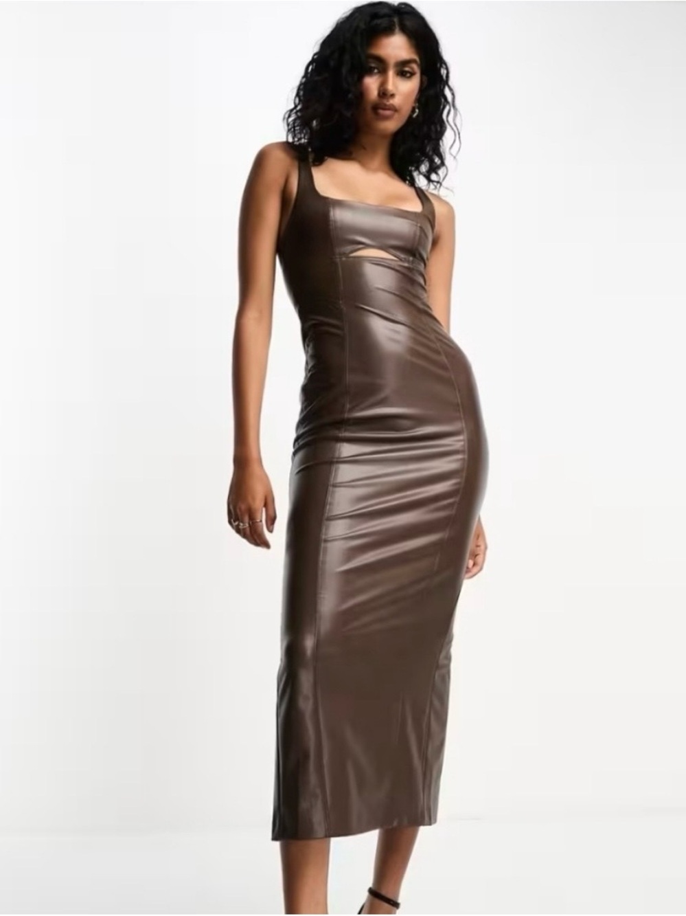 Bershka Cut Out Strappy Brown Faux Leather Slit Midaxi Dress Size Medium